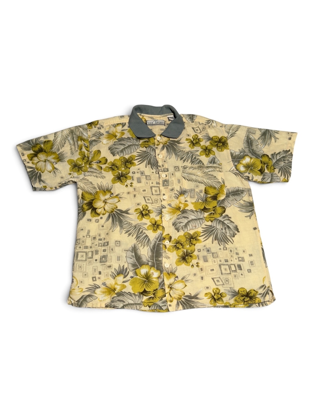 Vintage M.E. Sport Linen Cotton Floral Hawaiian Shirt with Knit Collar Size L